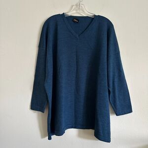 Eskandar Blue Lightweight Merino Wool V-neck Sweater OS Quiet Luxury Lagenglook